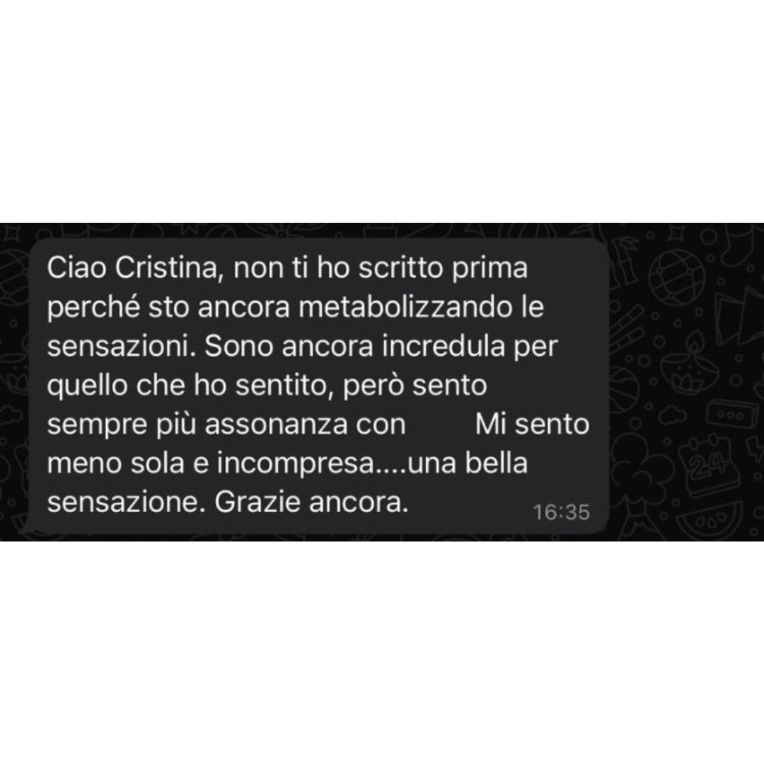 Recensione anonima ricevuta via WhatsApp da una persona seguita in un percorso Eudinamica