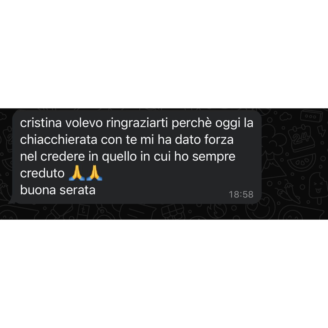 Recensione anonima ricevuta via WhatsApp da una persona seguita in un percorso Eudinamica
