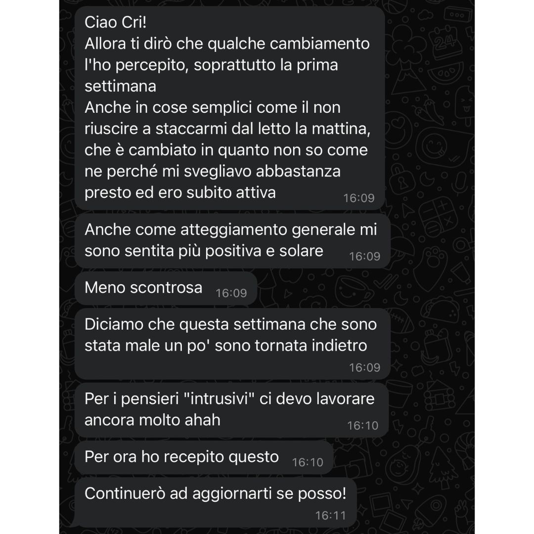 Recensione anonima ricevuta via WhatsApp da una persona seguita in un percorso Eudinamica